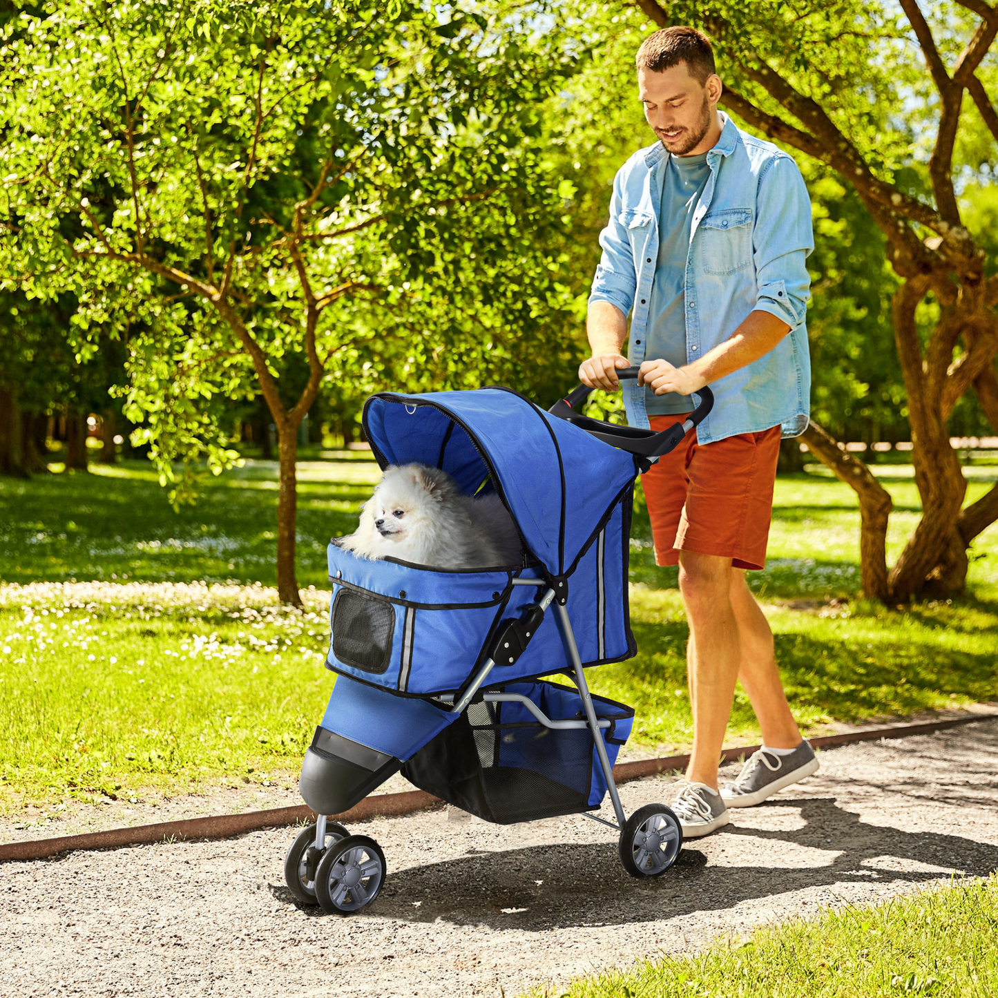 PawHut Pet Travel Stroller Cat Dog Pushchair Trolley Puppy Jogger Carrier Three Wheels for Small Miniature Dogs(Blue)
