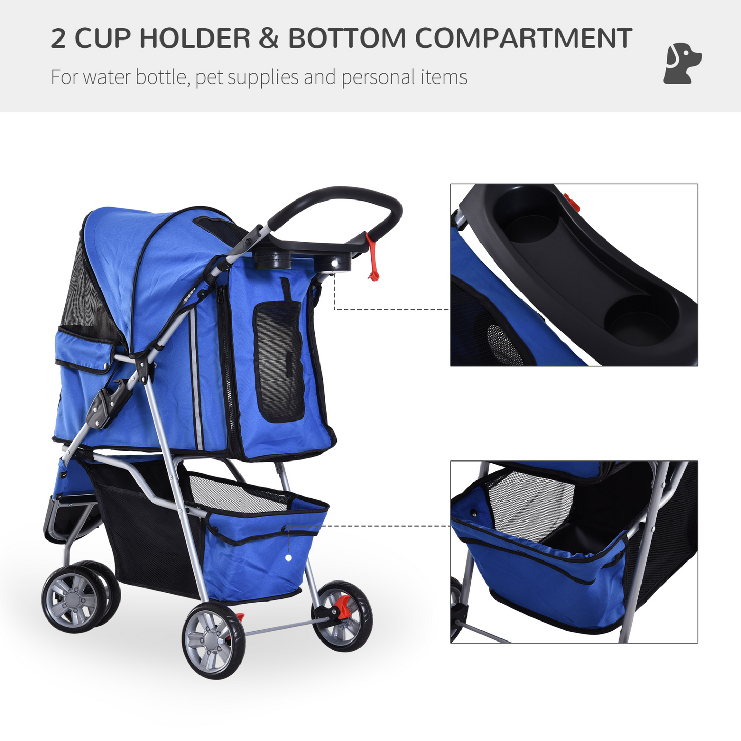 PawHut Pet Travel Stroller Cat Dog Pushchair Trolley Puppy Jogger Carrier Three Wheels for Small Miniature Dogs(Blue)