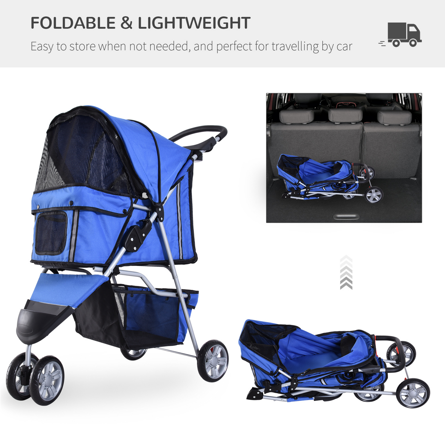 PawHut Pet Travel Stroller Cat Dog Pushchair Trolley Puppy Jogger Carrier Three Wheels for Small Miniature Dogs(Blue)