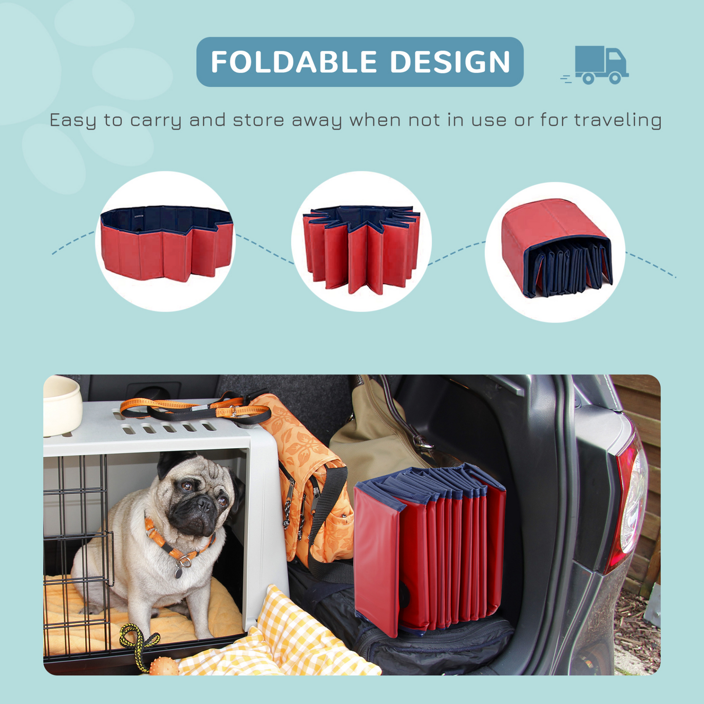 PawHut Foldable Dog Paddling Pool Pet Cat Swimming Pool Indoor/Outdoor Collapsible Summer Bathing Tub Shower Tub Puppy Washer (Φ80 × 20H cm, Red)