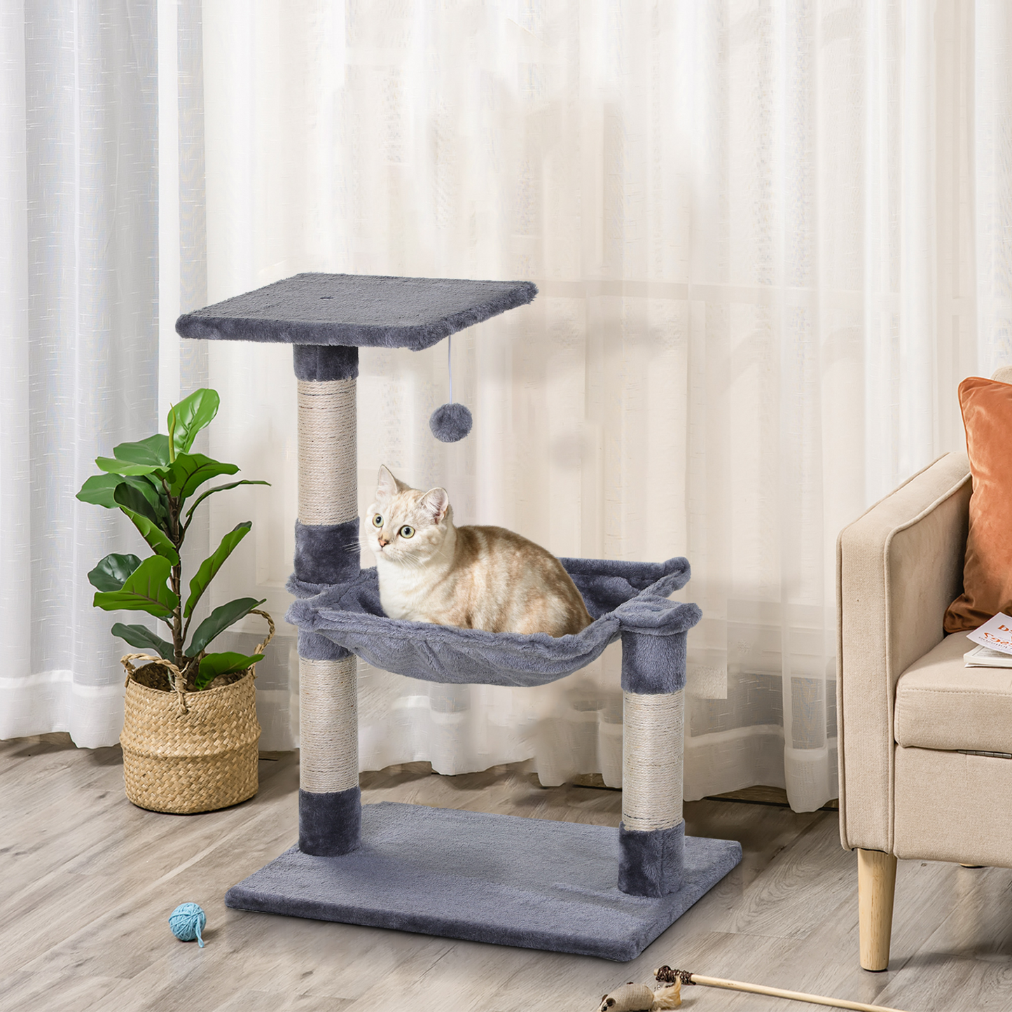 PawHut Cat Tree Indoor Cat Natural Scratching Posts With Hammock Bed Kitty Activity Center Grey