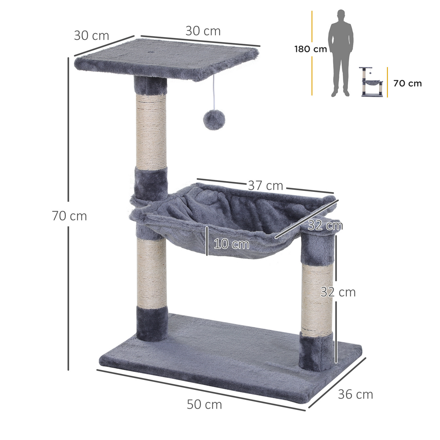 PawHut Cat Tree Indoor Cat Natural Scratching Posts With Hammock Bed Kitty Activity Center Grey
