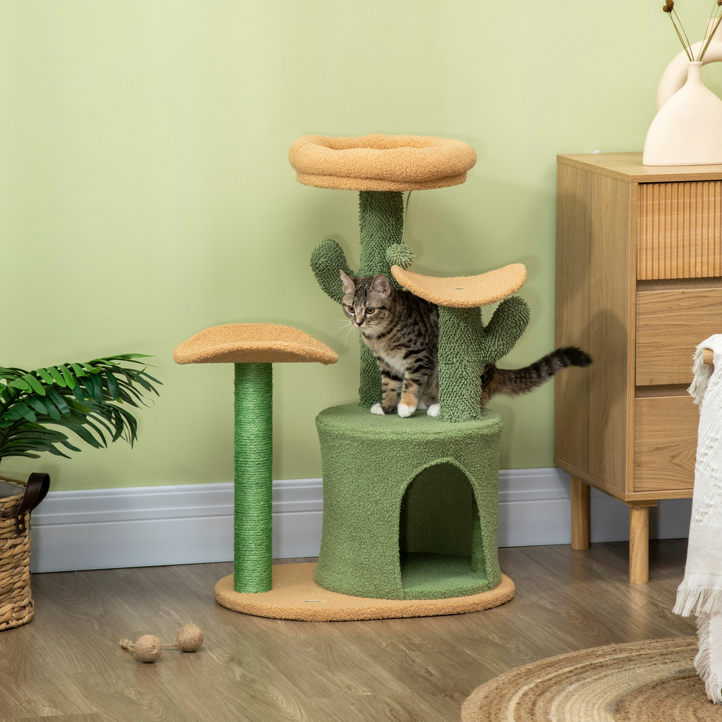 PawHut Cactus Designed Cat Tree 83cm Cat Climbing Tower Kitten Activity Centre w/ Cat House, Bed, Sisal Scratching Post, Hanging Toy Ball - Green