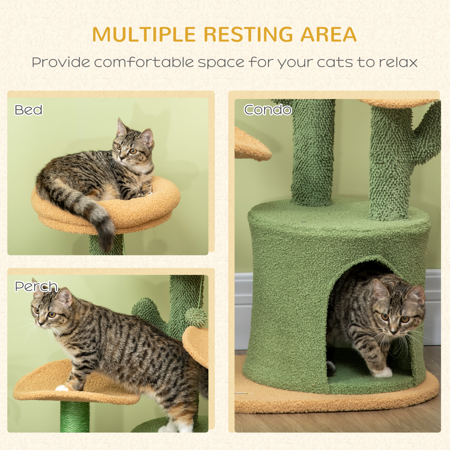 PawHut Cactus Designed Cat Tree 83cm Cat Climbing Tower Kitten Activity Centre w/ Cat House, Bed, Sisal Scratching Post, Hanging Toy Ball - Green