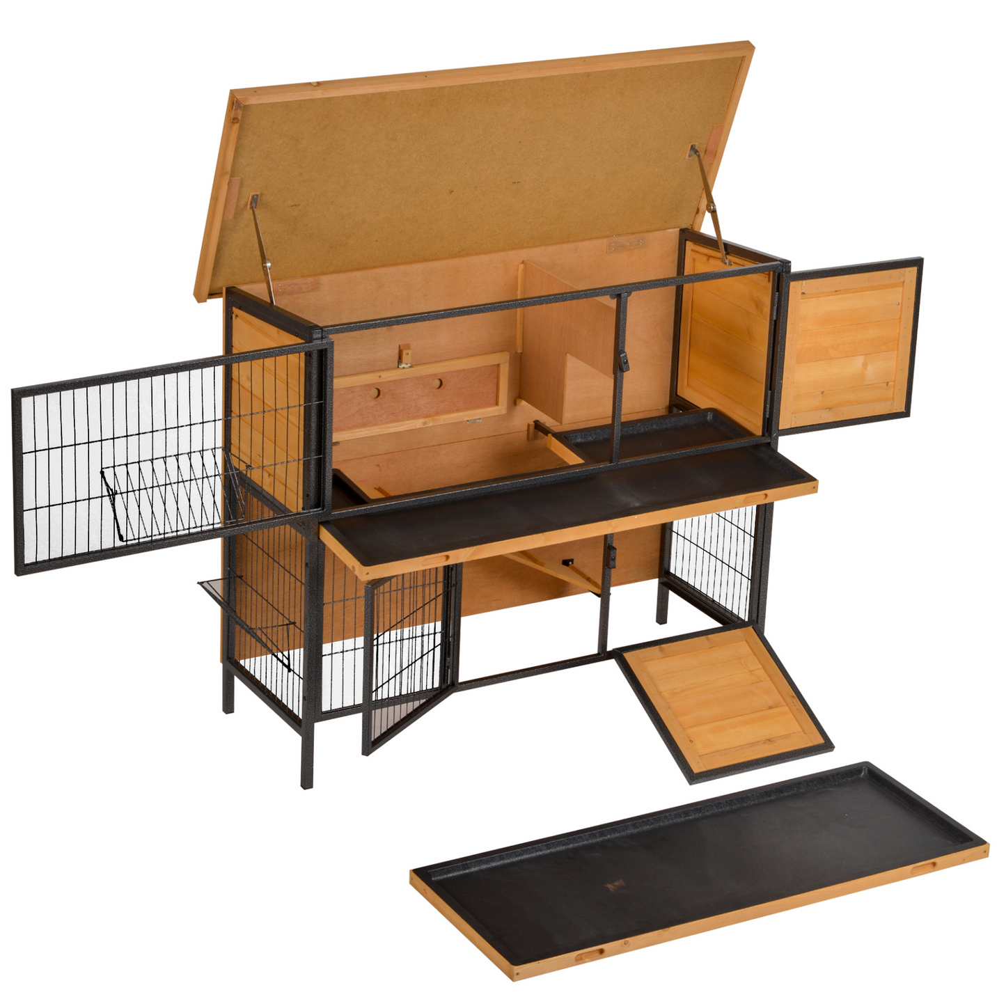 PawHut 2 Tier Wooden Rabbit Hutch Guinea Pig Hutch Bunny Cage Metal Frame Elevated Pet House with Slide-Out Tray Feeding Trough Ramp Lockable Door Openable Roof Light Yellow 122 x 50 x 101cm