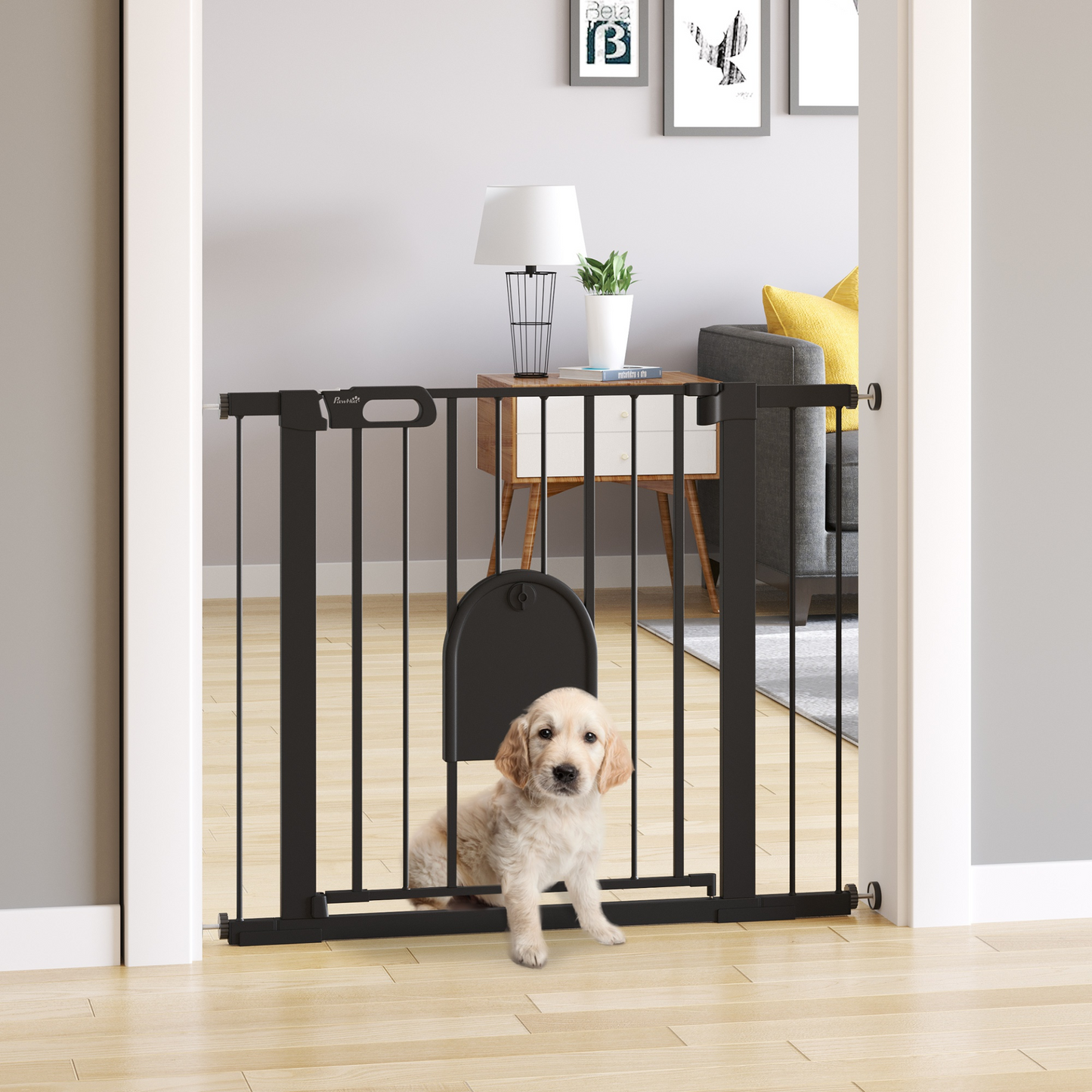 PawHut Dog Gate with Cat Flap Pet Safety Gate Barrier, Stair Pressure Fit, Auto Close, Double Locking, for Doorways, Hallways -Black