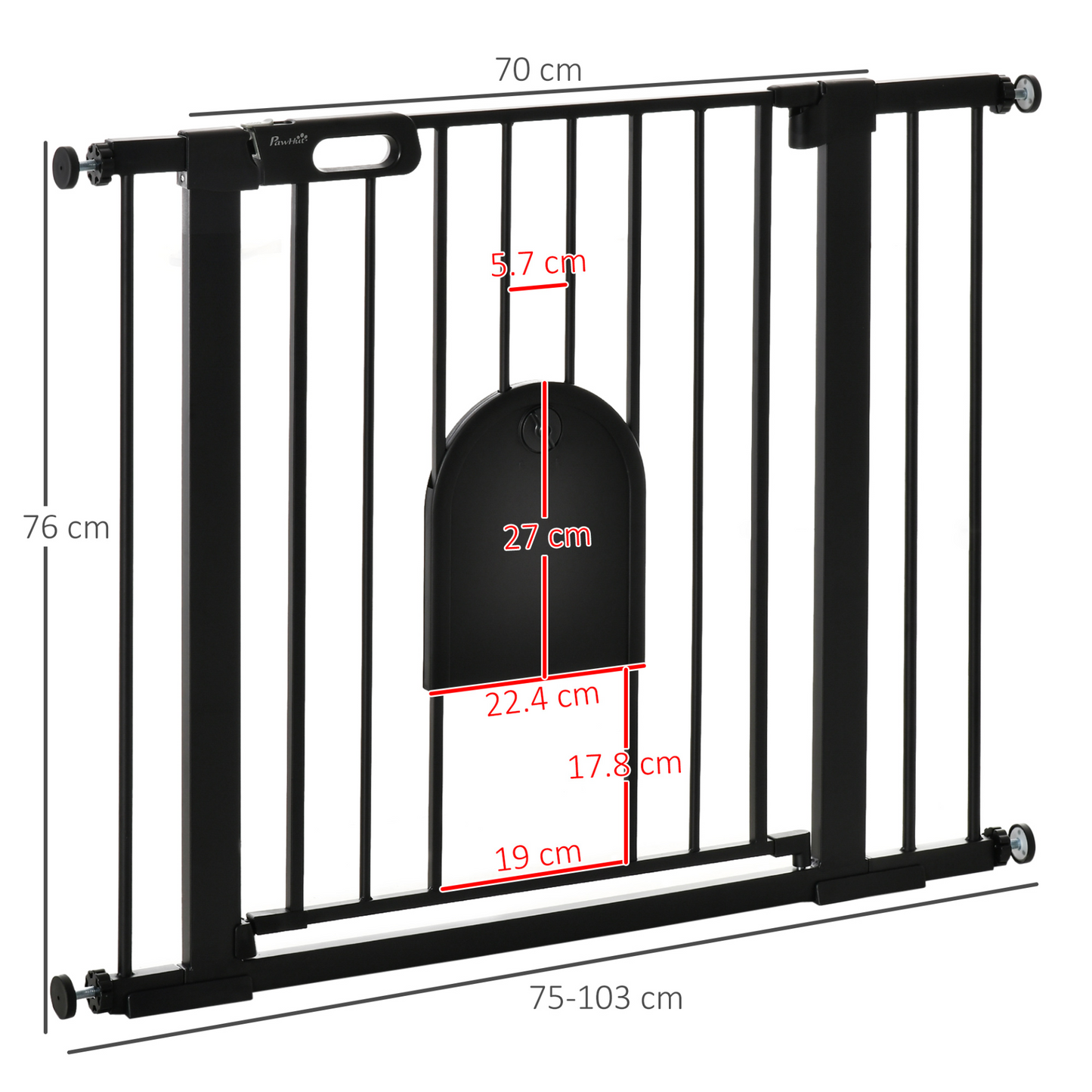 PawHut Dog Gate with Cat Flap Pet Safety Gate Barrier, Stair Pressure Fit, Auto Close, Double Locking, for Doorways, Hallways -Black