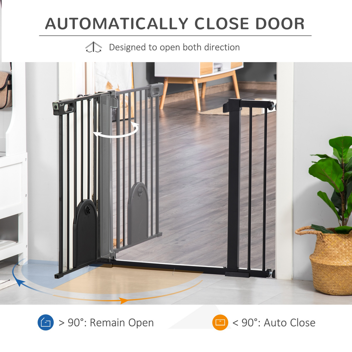 PawHut Dog Gate with Cat Flap Pet Safety Gate Barrier, Stair Pressure Fit, Auto Close, Double Locking, for Doorways, Hallways -Black