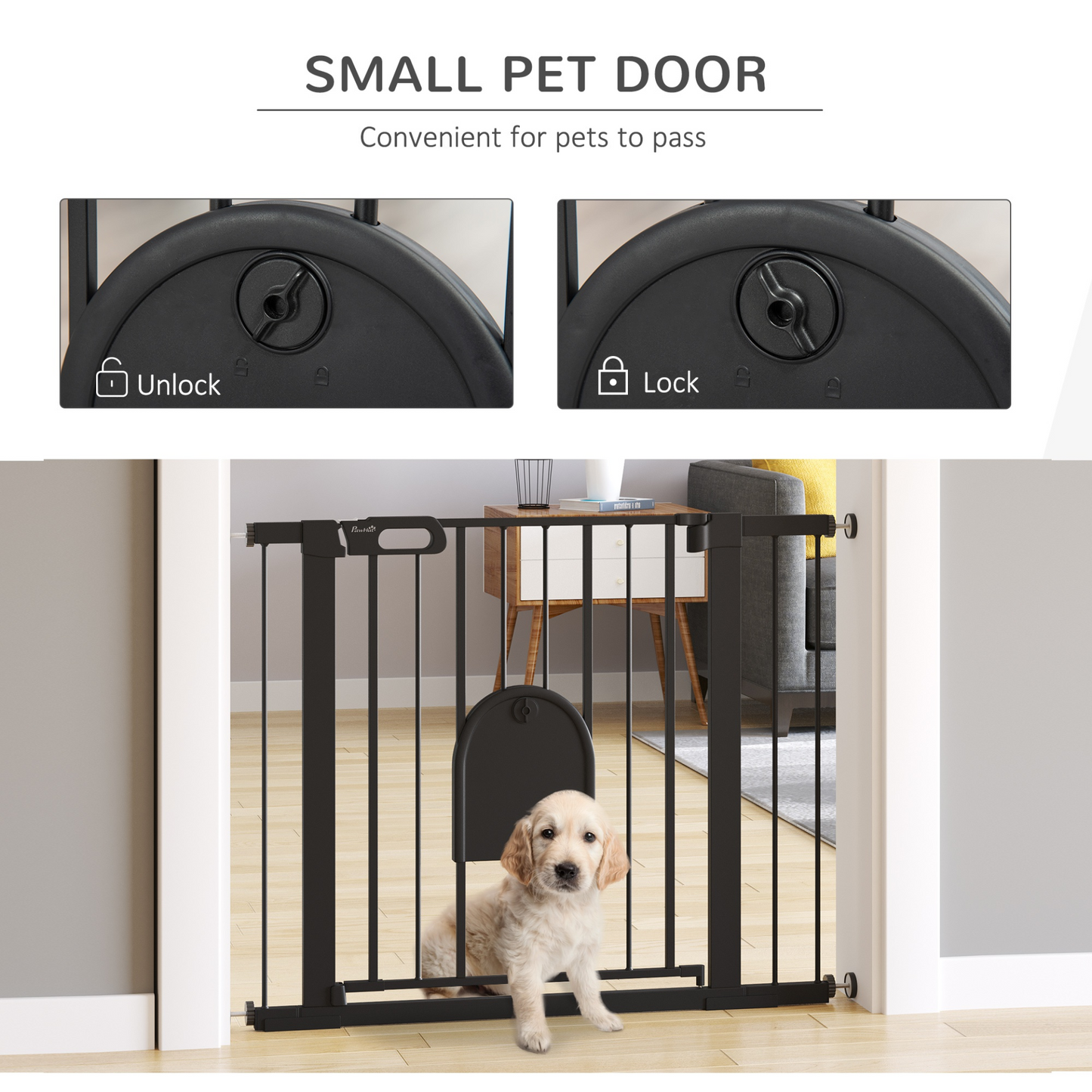 PawHut Dog Gate with Cat Flap Pet Safety Gate Barrier, Stair Pressure Fit, Auto Close, Double Locking, for Doorways, Hallways -Black