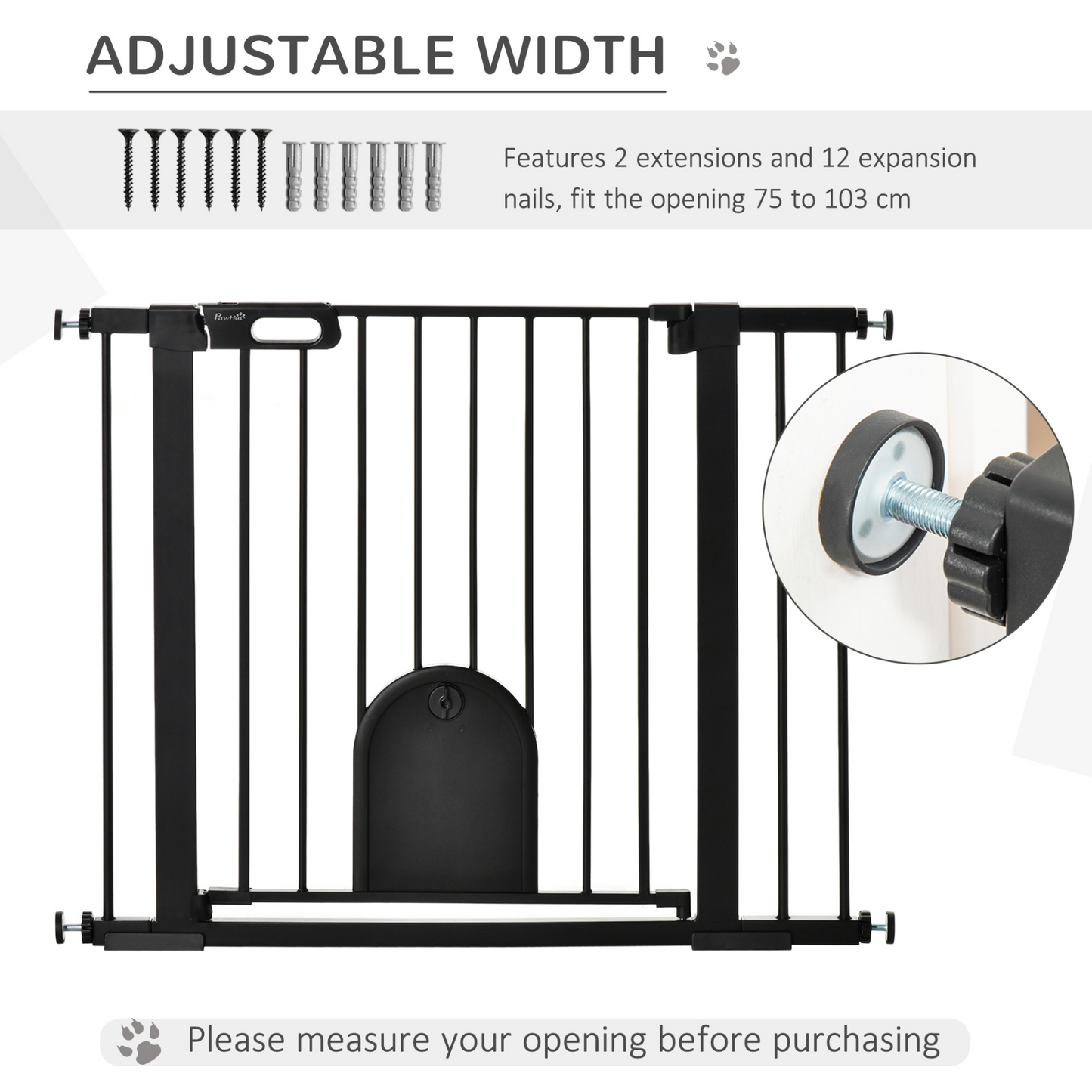 PawHut Dog Gate with Cat Flap Pet Safety Gate Barrier, Stair Pressure Fit, Auto Close, Double Locking, for Doorways, Hallways -Black