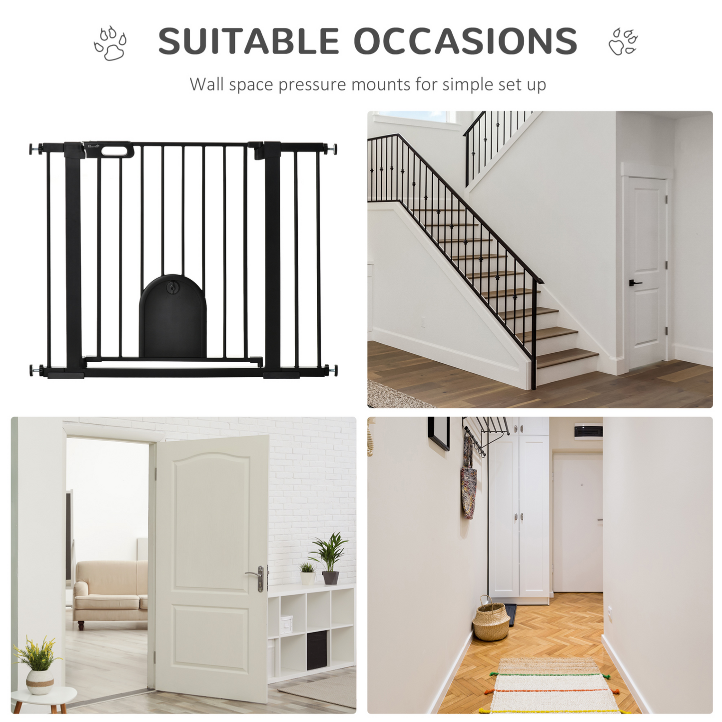 PawHut Dog Gate with Cat Flap Pet Safety Gate Barrier, Stair Pressure Fit, Auto Close, Double Locking, for Doorways, Hallways -Black