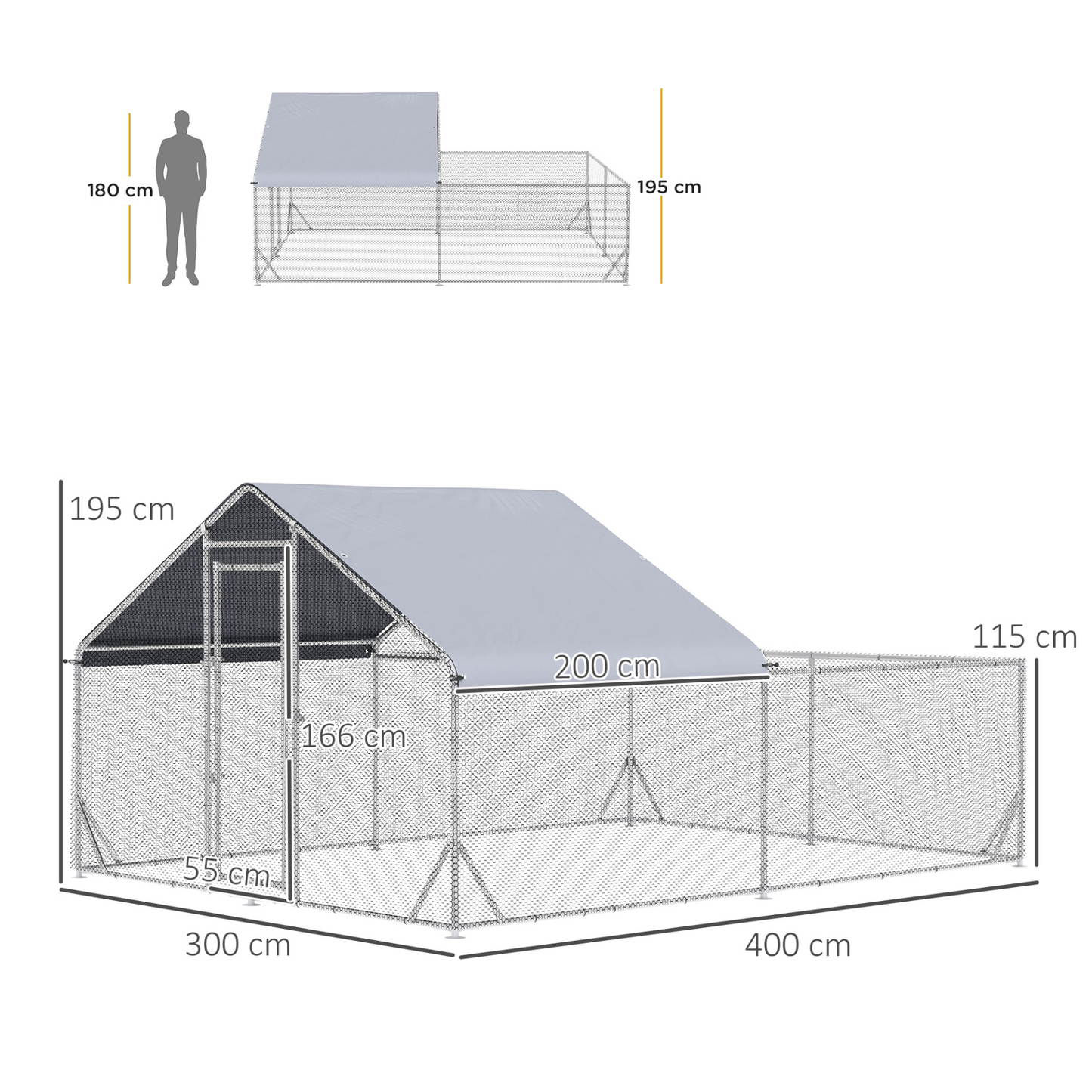 PawHut Walk In Chicken Run, Galvanised Chicken Coop, Outdoor Hen House Poultry, Duck Rabbit Hutch, for Backyard w/ Roof, 4 x 3 x 2m