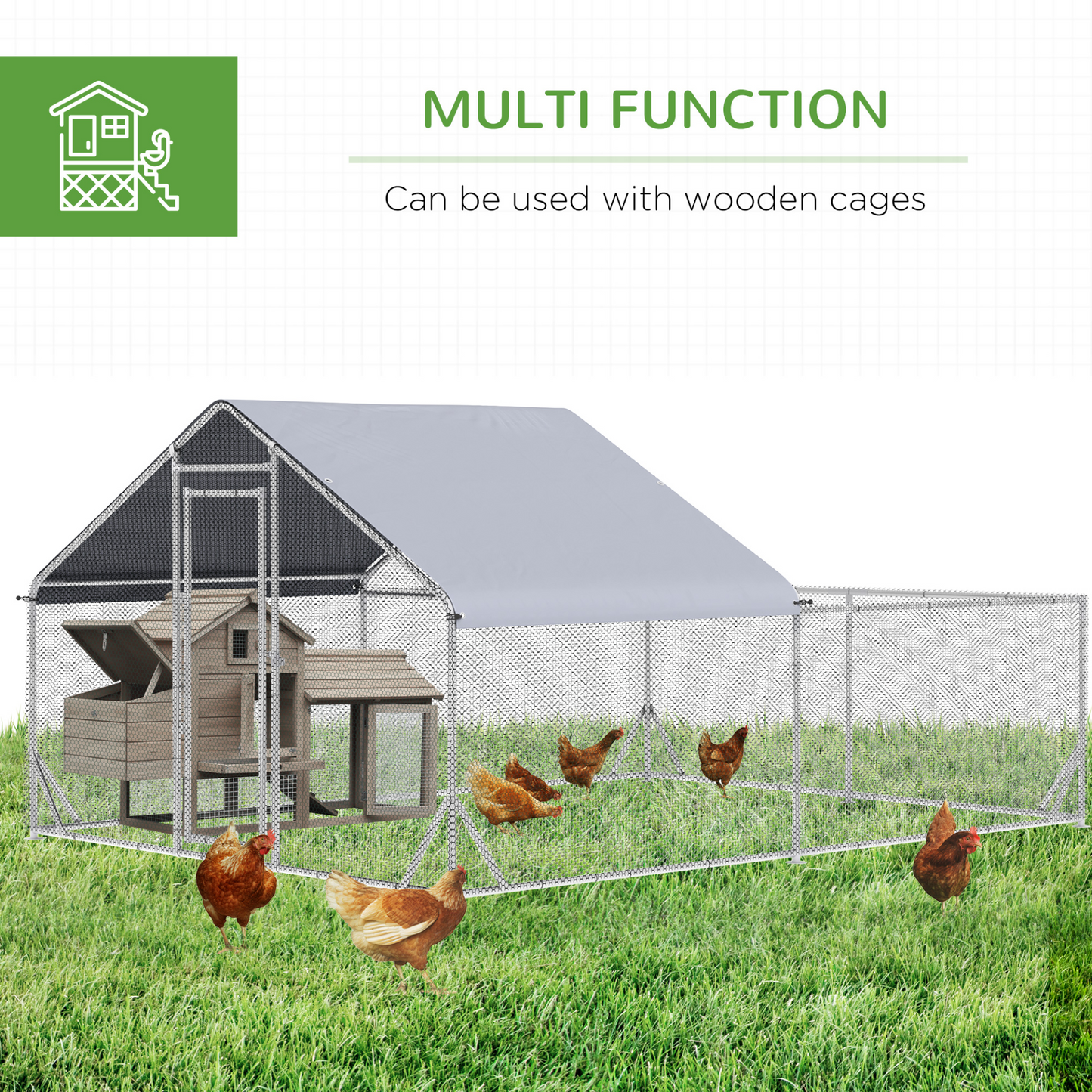 PawHut Walk In Chicken Run, Galvanised Chicken Coop, Outdoor Hen House Poultry, Duck Rabbit Hutch, for Backyard w/ Roof, 4 x 3 x 2m
