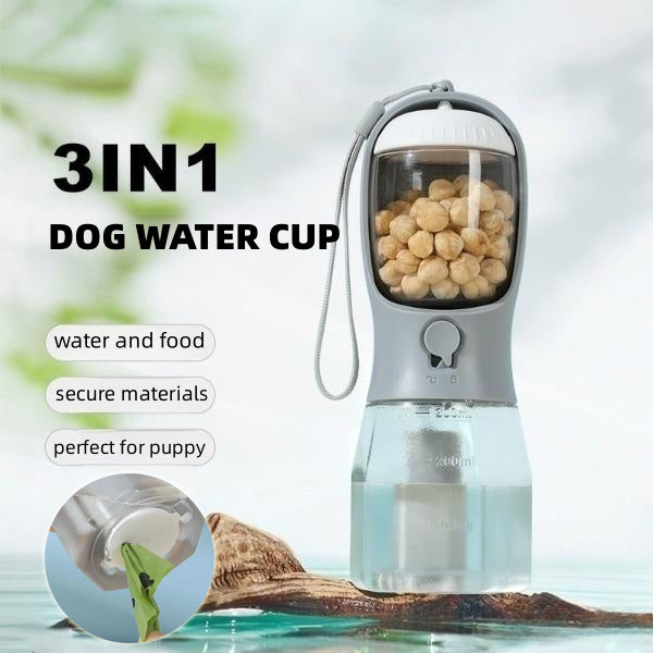 3-in-1 Portable Pet Water Bottle – Water, Food & Waste Bag Dispenser