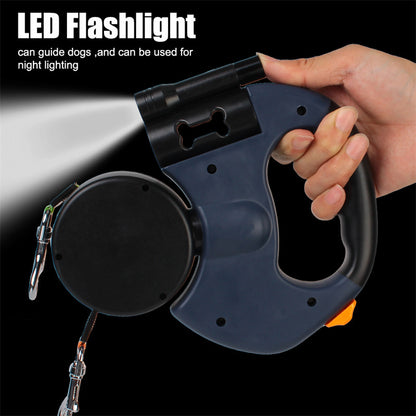 Retractable Reflective Dual Dog Leash with Lights, Torch & Poop Bags