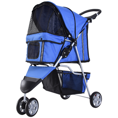 PawHut Pet Travel Stroller Cat Dog Pushchair Trolley Puppy Jogger Carrier Three Wheels for Small Miniature Dogs(Blue)