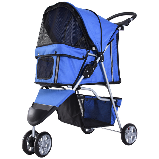 PawHut Pet Travel Stroller Cat Dog Pushchair Trolley Puppy Jogger Carrier Three Wheels for Small Miniature Dogs(Blue)