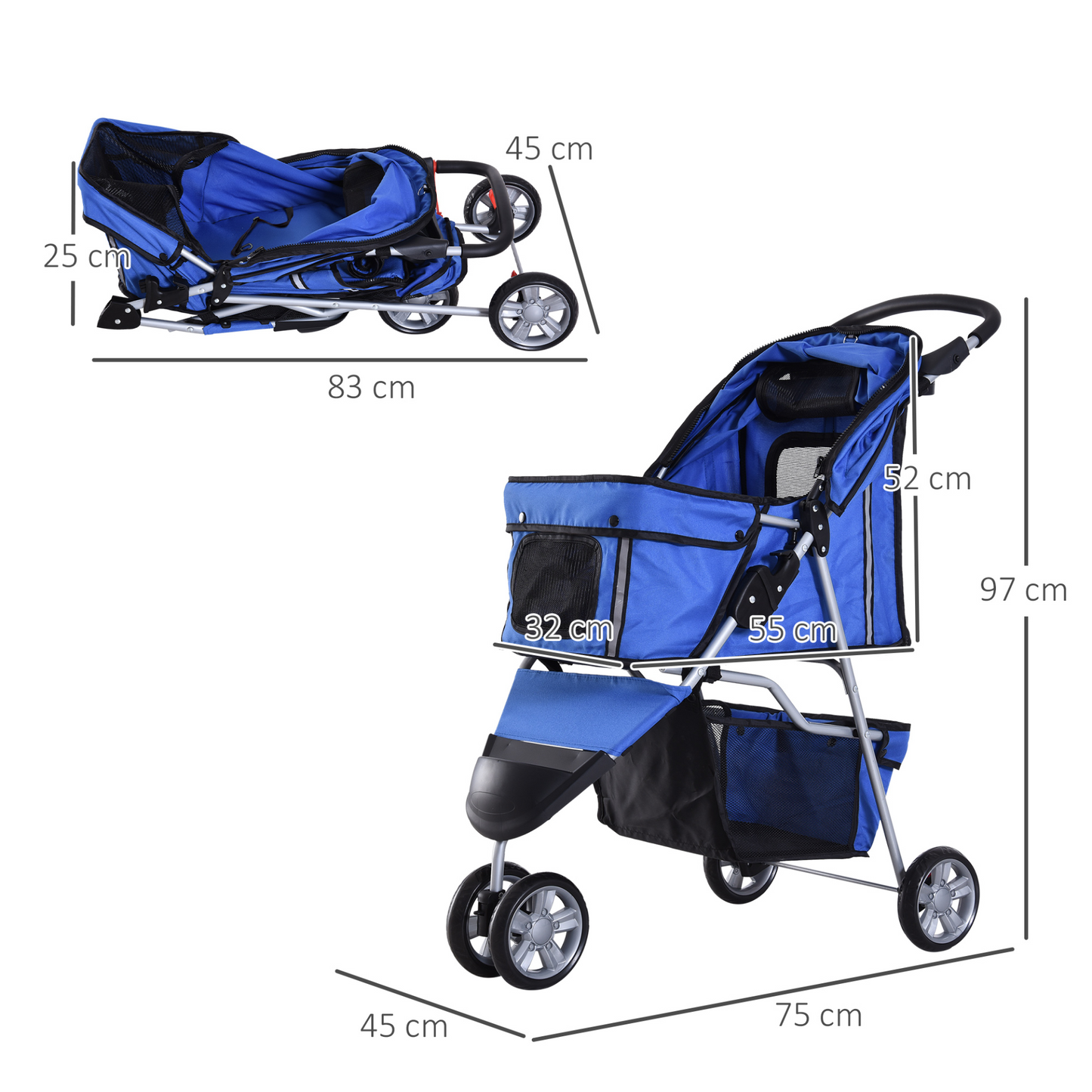 PawHut Pet Travel Stroller Cat Dog Pushchair Trolley Puppy Jogger Carrier Three Wheels for Small Miniature Dogs(Blue)