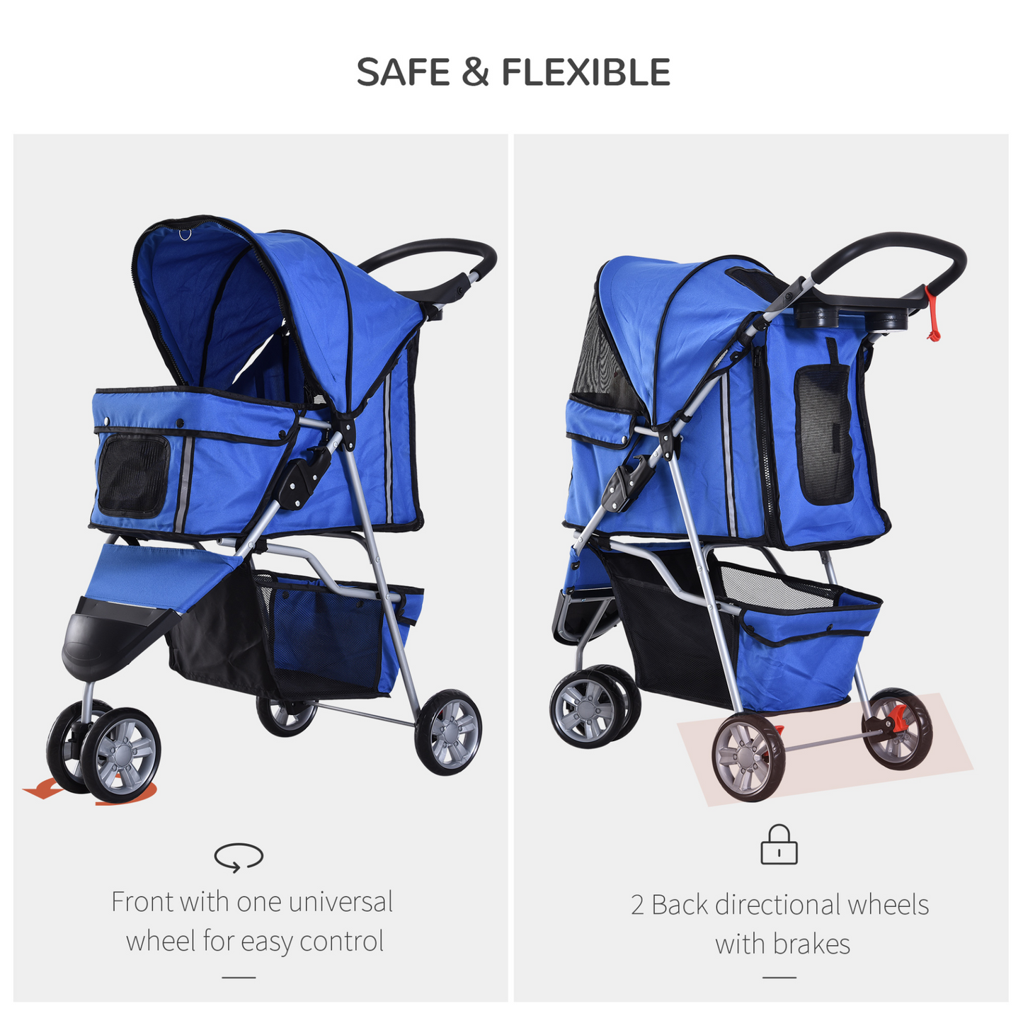PawHut Pet Travel Stroller Cat Dog Pushchair Trolley Puppy Jogger Carrier Three Wheels for Small Miniature Dogs(Blue)