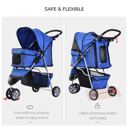 PawHut Pet Travel Stroller Cat Dog Pushchair Trolley Puppy Jogger Carrier Three Wheels for Small Miniature Dogs(Blue)
