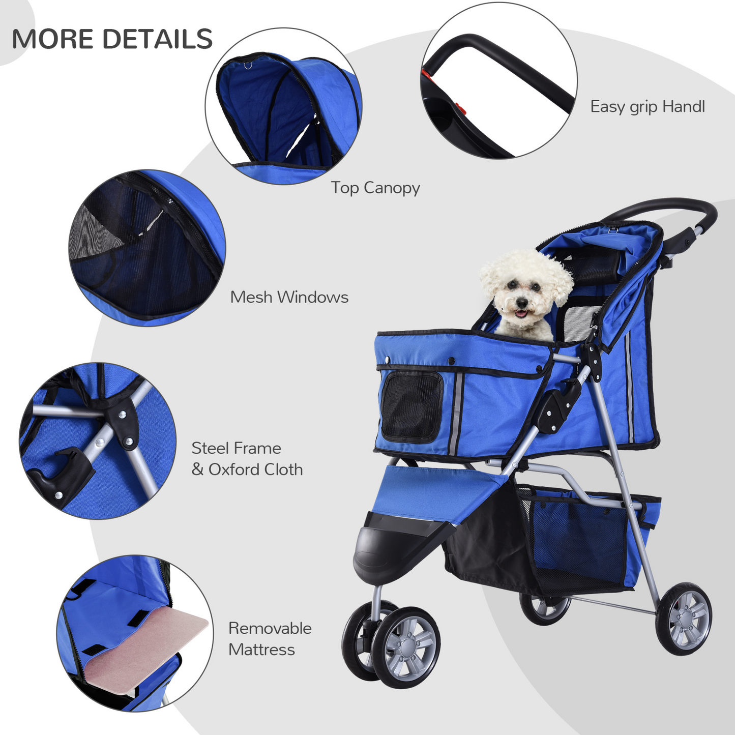 PawHut Pet Travel Stroller Cat Dog Pushchair Trolley Puppy Jogger Carrier Three Wheels for Small Miniature Dogs(Blue)