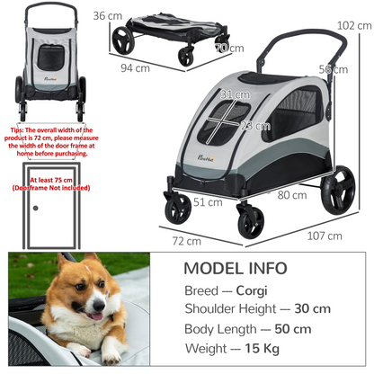 PawHut Pet Stroller for Medium Dogs Cat Pushchair Buggy Pram with 4 Wheels Safety Leash Zipper Doors Mesh Windows Storage Bag - Grey