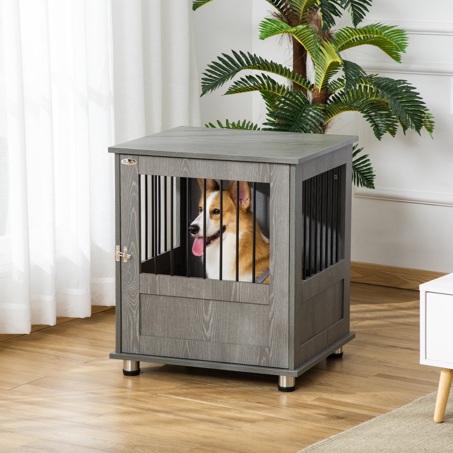 PawHut Dog Crate Furniture End Table, Pet Kennel for Small and Medium Dogs with Magnetic Door Indoor Animal Cage, Grey, 60 x 55 x 70 cm