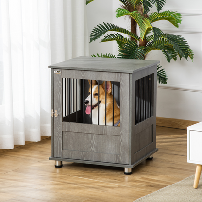 PawHut Dog Crate Furniture End Table, Pet Kennel for Small and Medium Dogs with Magnetic Door Indoor Animal Cage, Grey, 60 x 55 x 70 cm