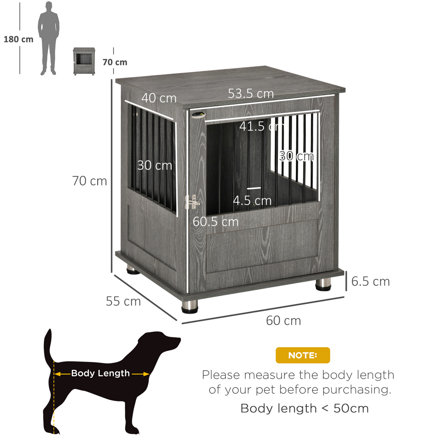 PawHut Dog Crate Furniture End Table, Pet Kennel for Small and Medium Dogs with Magnetic Door Indoor Animal Cage, Grey, 60 x 55 x 70 cm