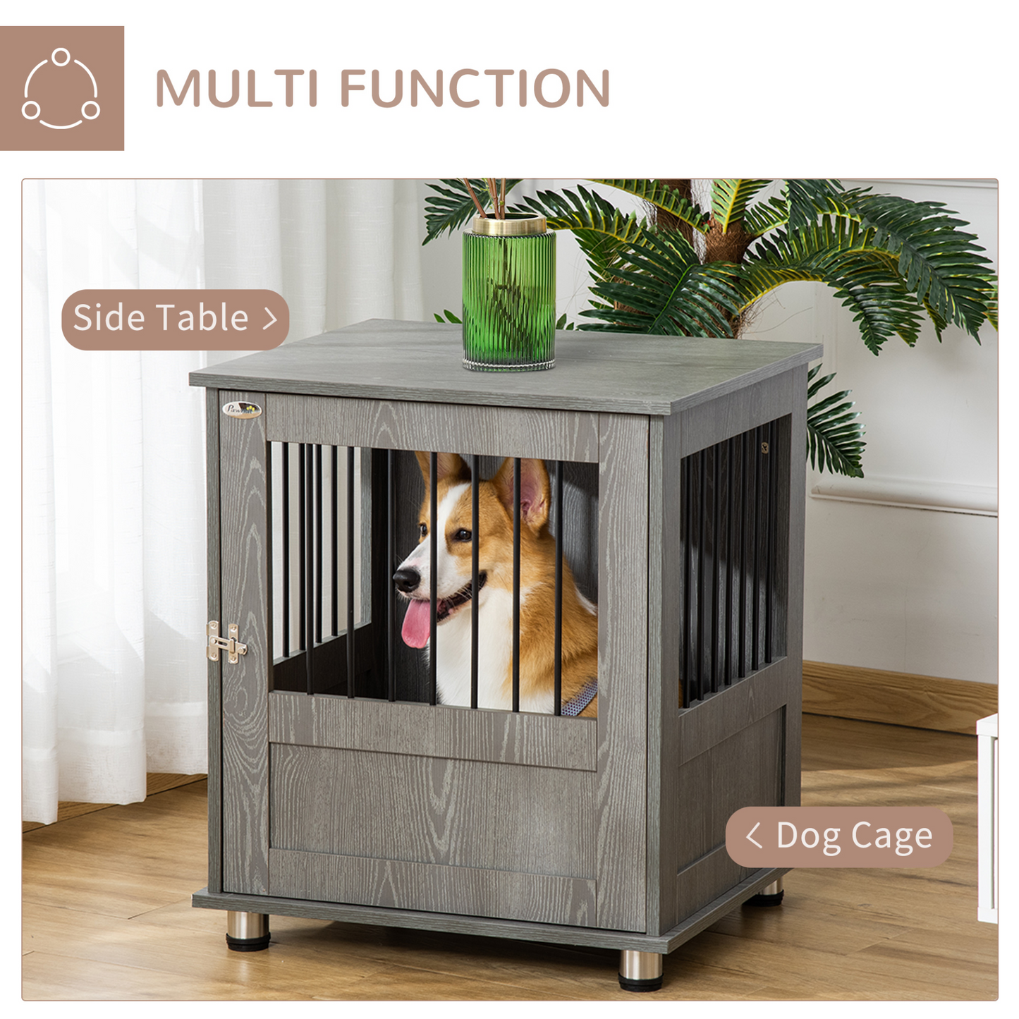 PawHut Dog Crate Furniture End Table, Pet Kennel for Small and Medium Dogs with Magnetic Door Indoor Animal Cage, Grey, 60 x 55 x 70 cm