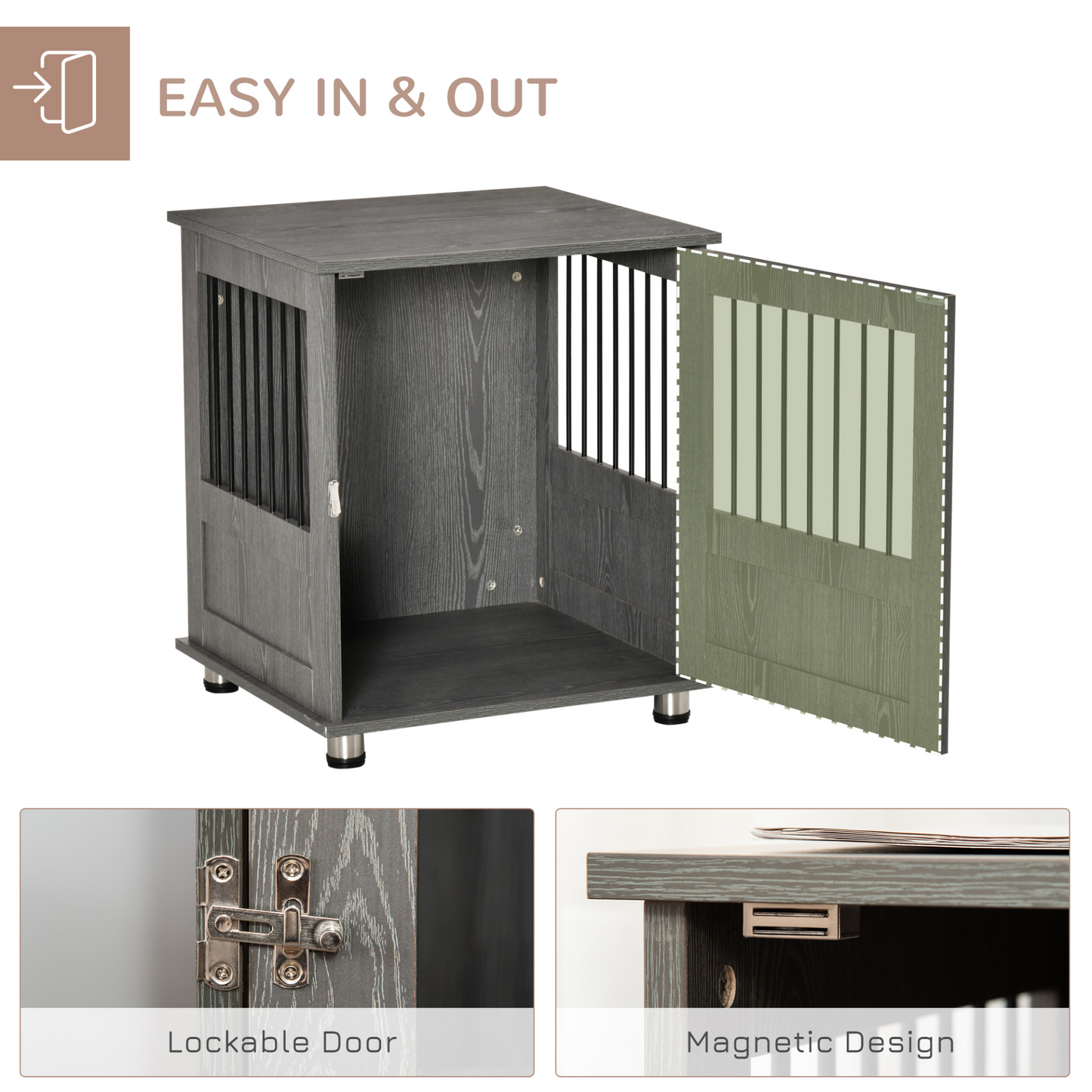 PawHut Dog Crate Furniture End Table, Pet Kennel for Small and Medium Dogs with Magnetic Door Indoor Animal Cage, Grey, 60 x 55 x 70 cm