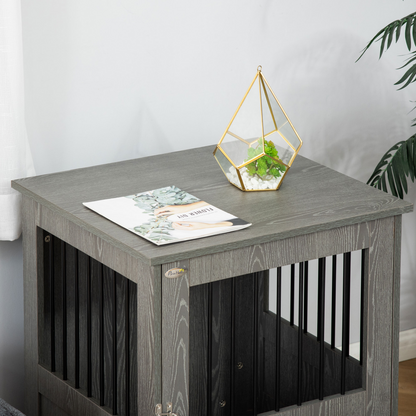 PawHut Dog Crate Furniture End Table, Pet Kennel for Small and Medium Dogs with Magnetic Door Indoor Animal Cage, Grey, 60 x 55 x 70 cm