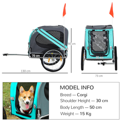 PawHut Folding Dog Bike Trailer Pet Cart Carrier for Bicycle Travel in Steel Frame with Hitch Coupler - Light Blue & Grey