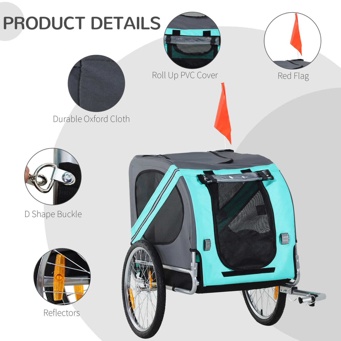 PawHut Folding Dog Bike Trailer Pet Cart Carrier for Bicycle Travel in Steel Frame with Hitch Coupler - Light Blue & Grey