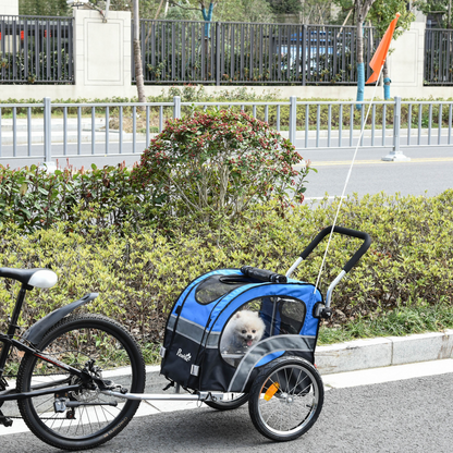 PawHut 2-in-1 Dog Bike Trailer Pet Cart Carrier Stroller for Bicycle with 360° Rotatable Front Wheel Reflectors Weather Resistant Canopy Hitch Coupler Flag Blue