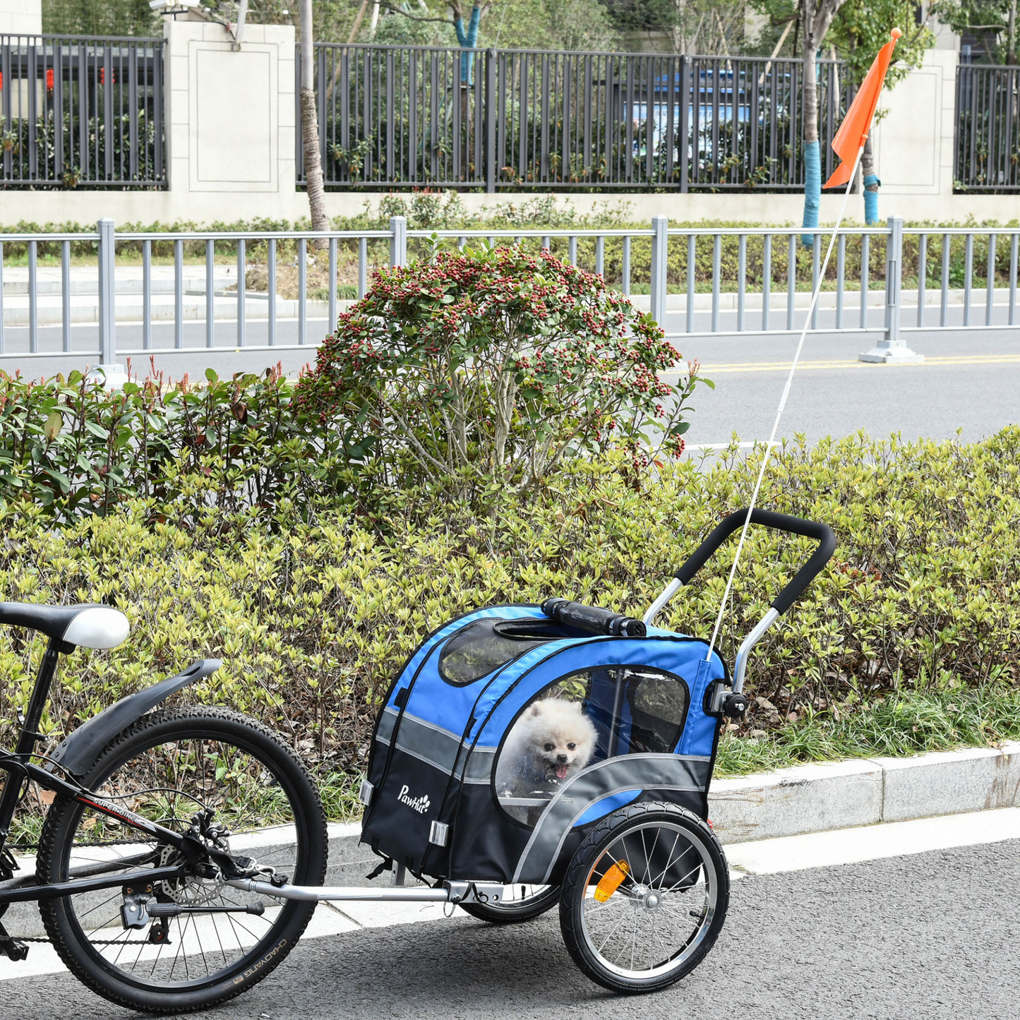 PawHut 2-in-1 Dog Bike Trailer Pet Cart Carrier Stroller for Bicycle with 360° Rotatable Front Wheel Reflectors Weather Resistant Canopy Hitch Coupler Flag Blue