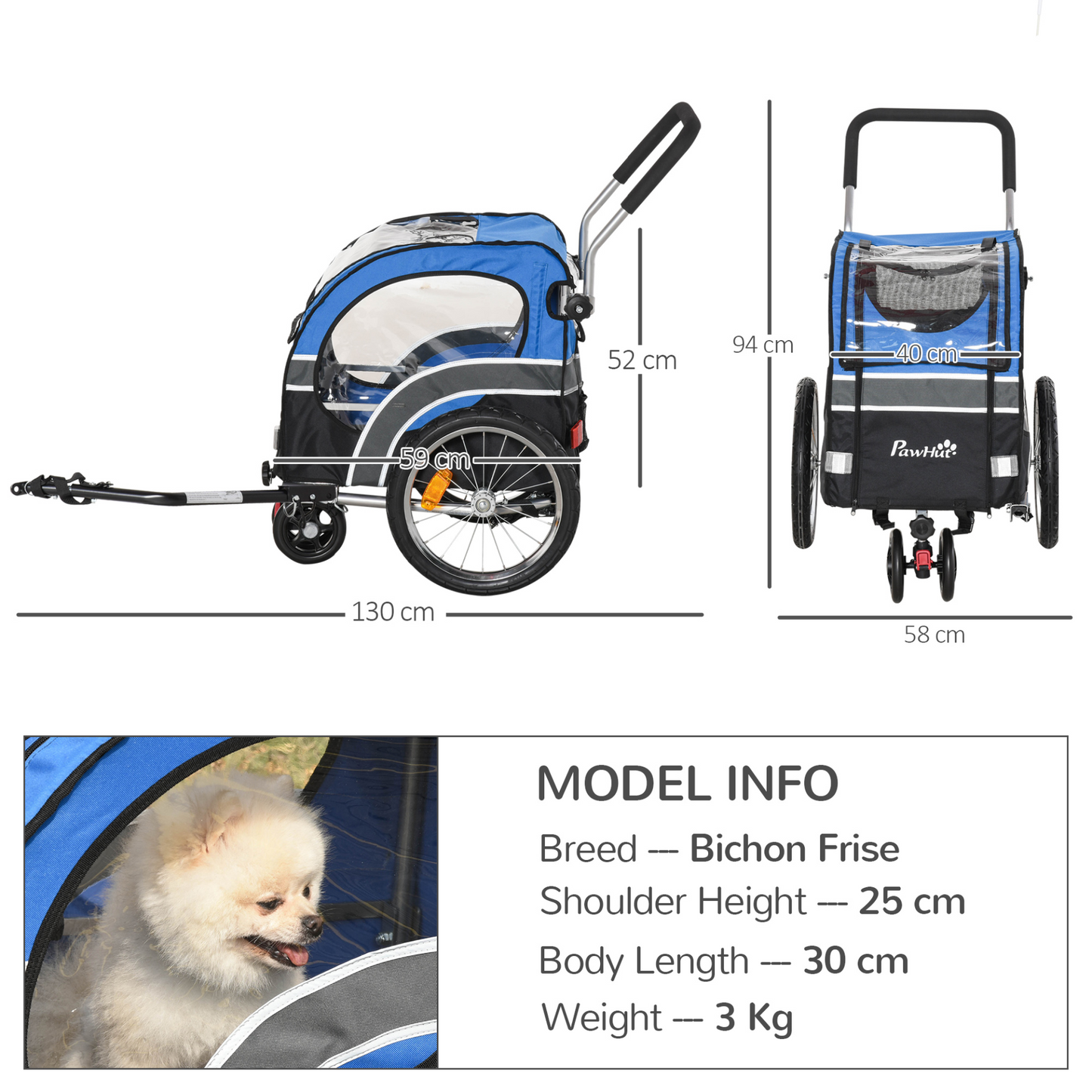 PawHut 2-in-1 Dog Bike Trailer Pet Cart Carrier Stroller for Bicycle with 360° Rotatable Front Wheel Reflectors Weather Resistant Canopy Hitch Coupler Flag Blue