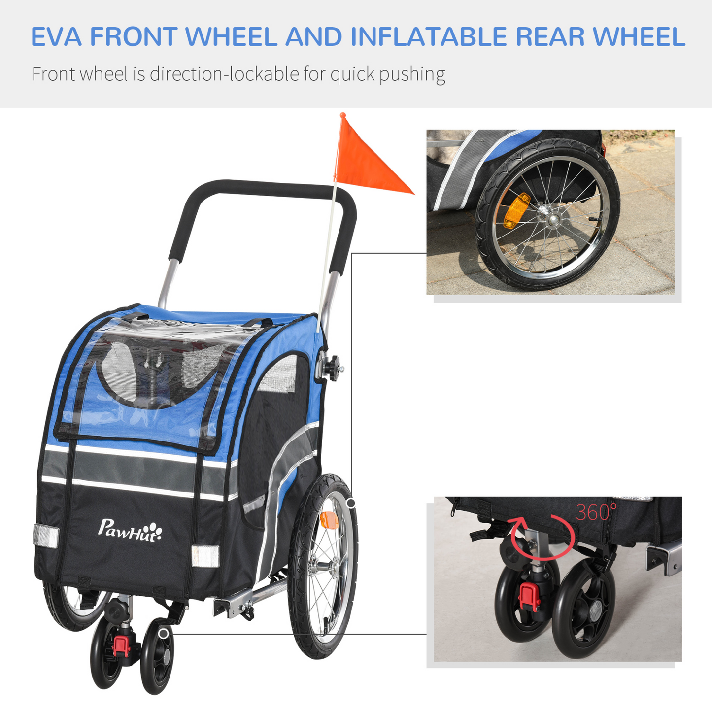PawHut 2-in-1 Dog Bike Trailer Pet Cart Carrier Stroller for Bicycle with 360° Rotatable Front Wheel Reflectors Weather Resistant Canopy Hitch Coupler Flag Blue