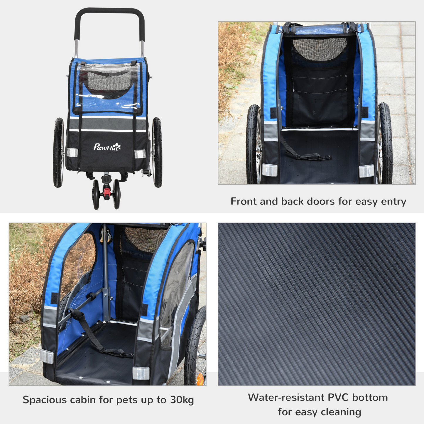 PawHut 2-in-1 Dog Bike Trailer Pet Cart Carrier Stroller for Bicycle with 360° Rotatable Front Wheel Reflectors Weather Resistant Canopy Hitch Coupler Flag Blue