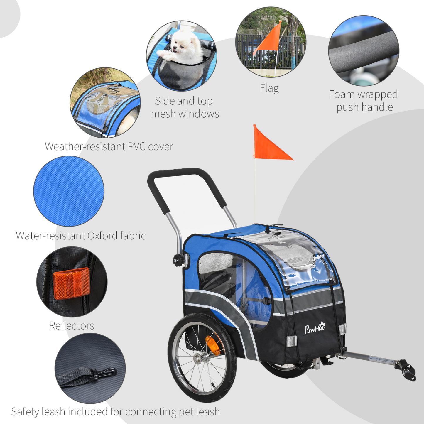 PawHut 2-in-1 Dog Bike Trailer Pet Cart Carrier Stroller for Bicycle with 360° Rotatable Front Wheel Reflectors Weather Resistant Canopy Hitch Coupler Flag Blue