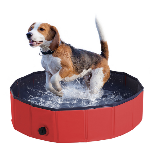PawHut Foldable Dog Paddling Pool Pet Cat Swimming Pool Indoor/Outdoor Collapsible Summer Bathing Tub Shower Tub Puppy Washer (Φ80 × 20H cm, Red)