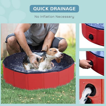 PawHut Foldable Dog Paddling Pool Pet Cat Swimming Pool Indoor/Outdoor Collapsible Summer Bathing Tub Shower Tub Puppy Washer (Φ80 × 20H cm, Red)