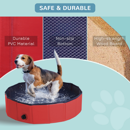 PawHut Foldable Dog Paddling Pool Pet Cat Swimming Pool Indoor/Outdoor Collapsible Summer Bathing Tub Shower Tub Puppy Washer (Φ80 × 20H cm, Red)