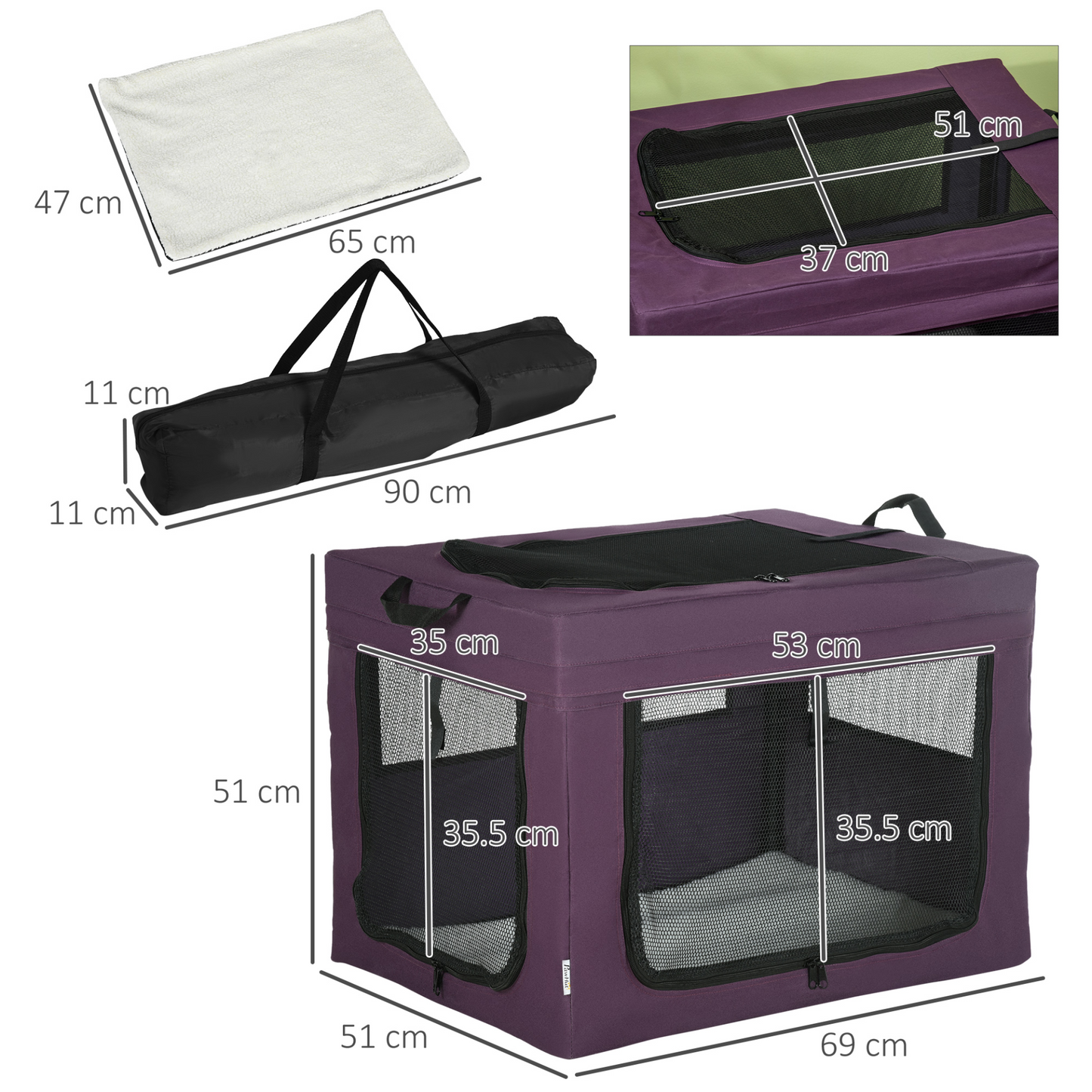 PawHut 69cm Foldable Pet Carrier, Portable Cat Carrier Cat Bag, Pet Travel Bag w/ Cushion, for Miniature and Small Dogs - Purple