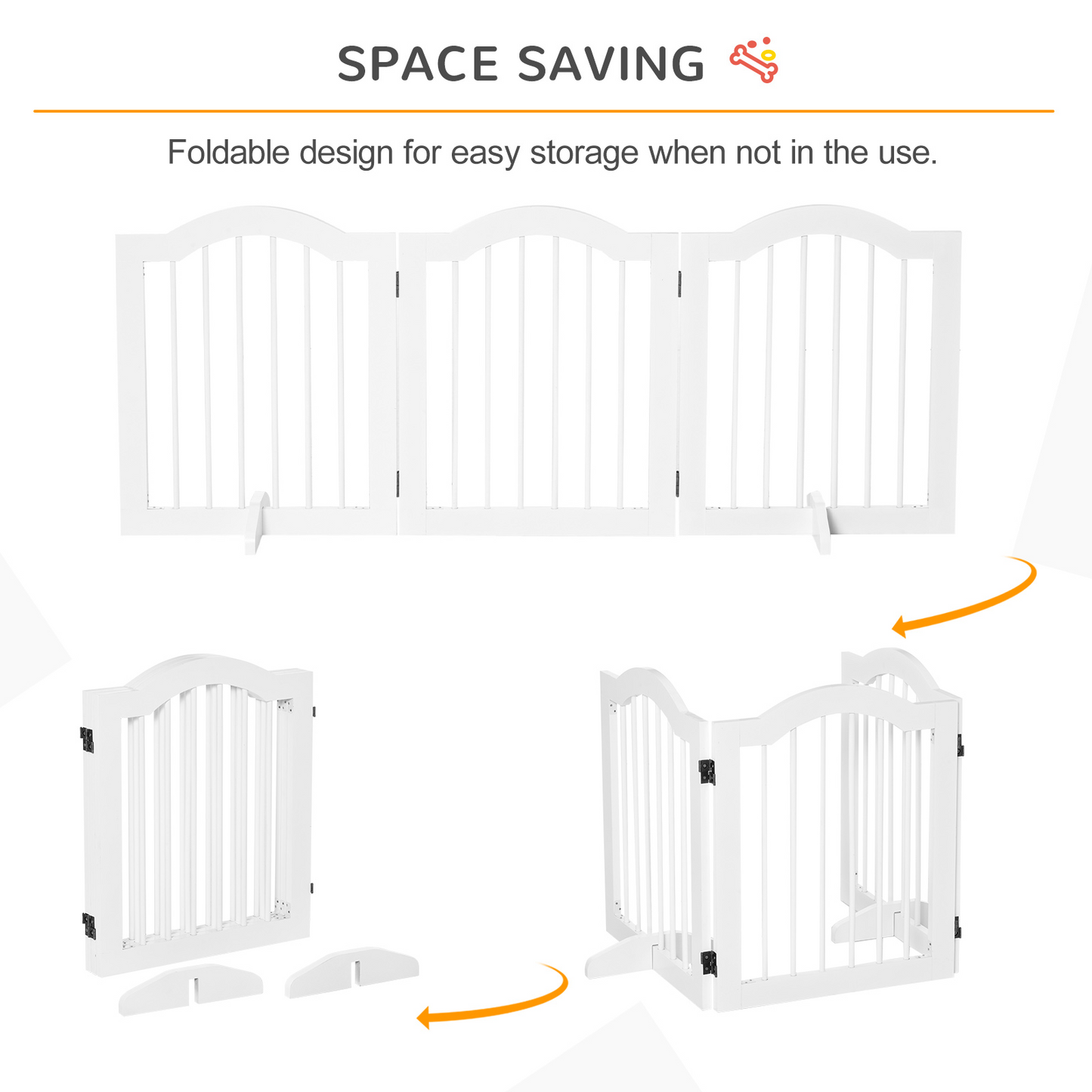 PawHut Freestanding Pet Gate Wooden Dog Gate with Support Feet Foldable Pet Fence Safety Barrier for the House Doorway Stairs White