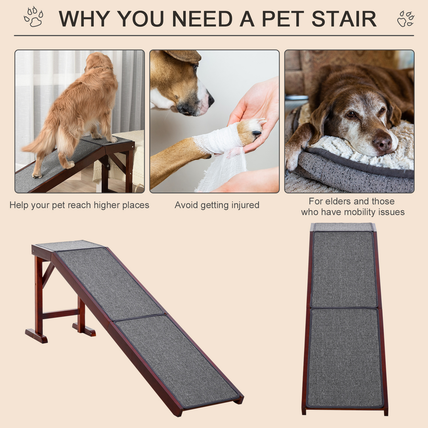 PawHut Pet Ramp for Dogs Cats  Non-Slip Carpet Top Platform - Brown & Grey