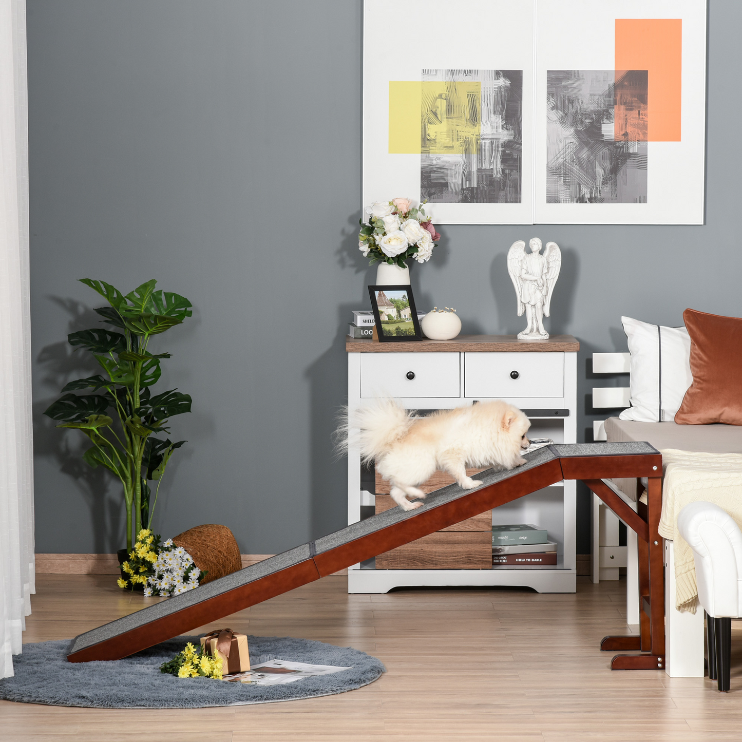 PawHut Pet Ramp for Dogs Cats  Non-Slip Carpet Top Platform - Brown & Grey