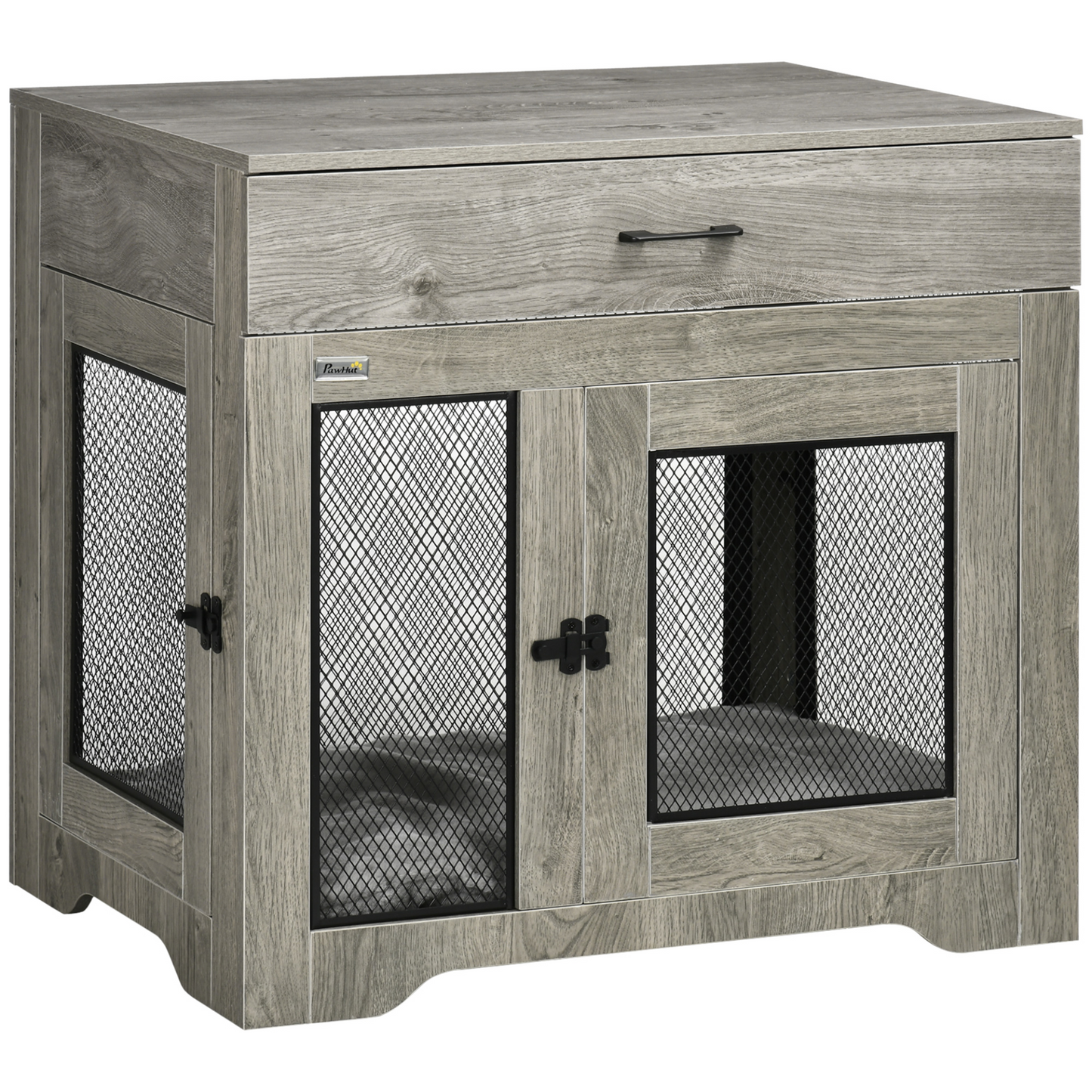 PawHut Indoor Dog Crate Furniture with Cushion, Double Doors, Pet Kennel End Table with Drawer, for Medium Dogs - Grey