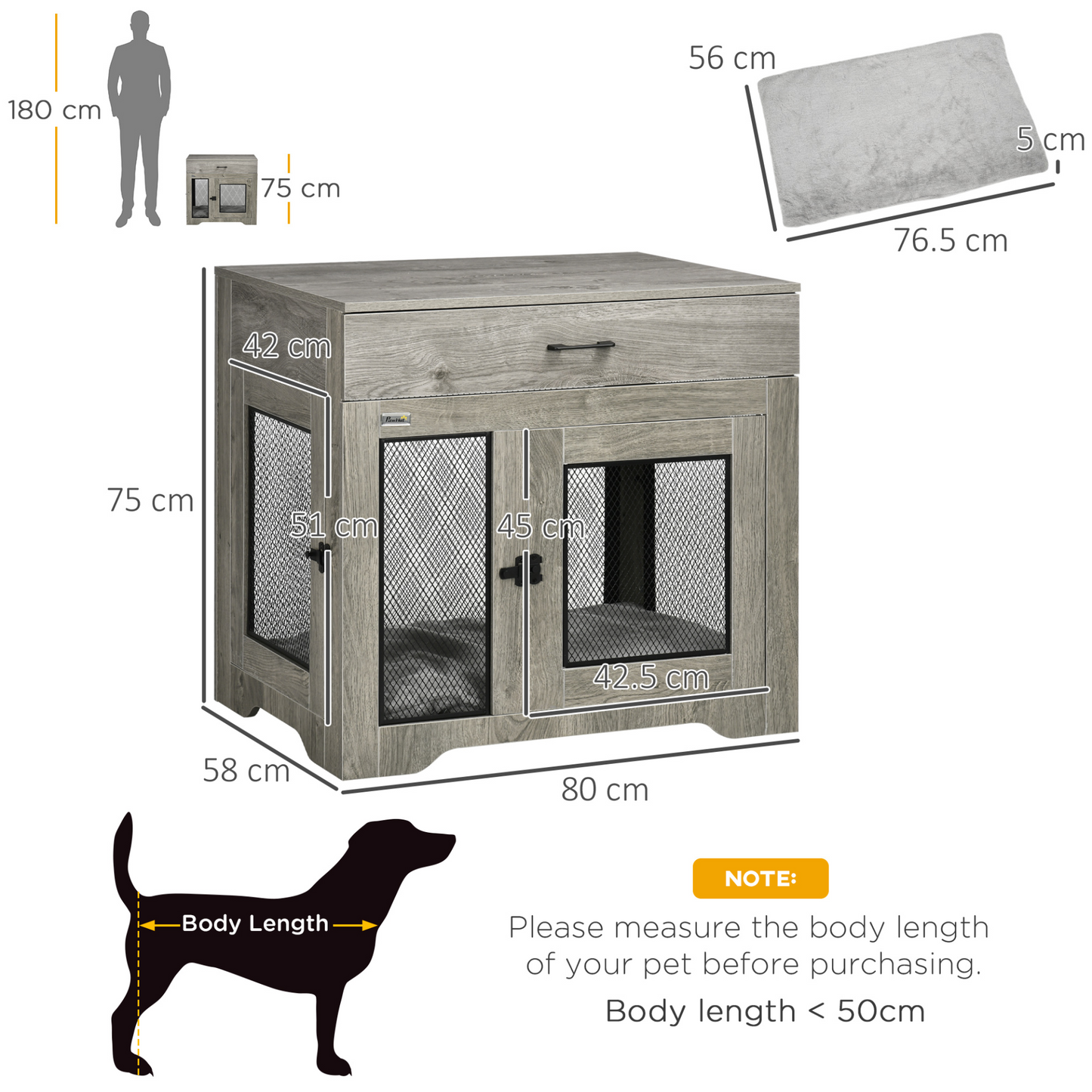 PawHut Indoor Dog Crate Furniture with Cushion, Double Doors, Pet Kennel End Table with Drawer, for Medium Dogs - Grey