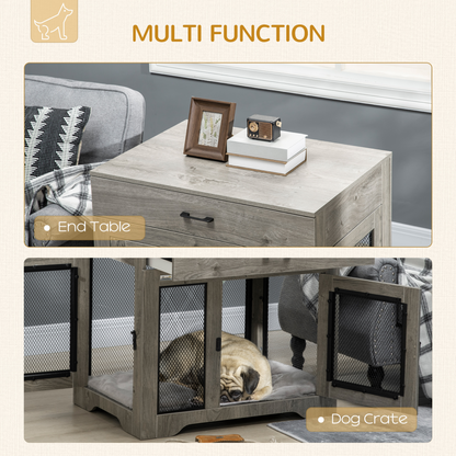 PawHut Indoor Dog Crate Furniture with Cushion, Double Doors, Pet Kennel End Table with Drawer, for Medium Dogs - Grey